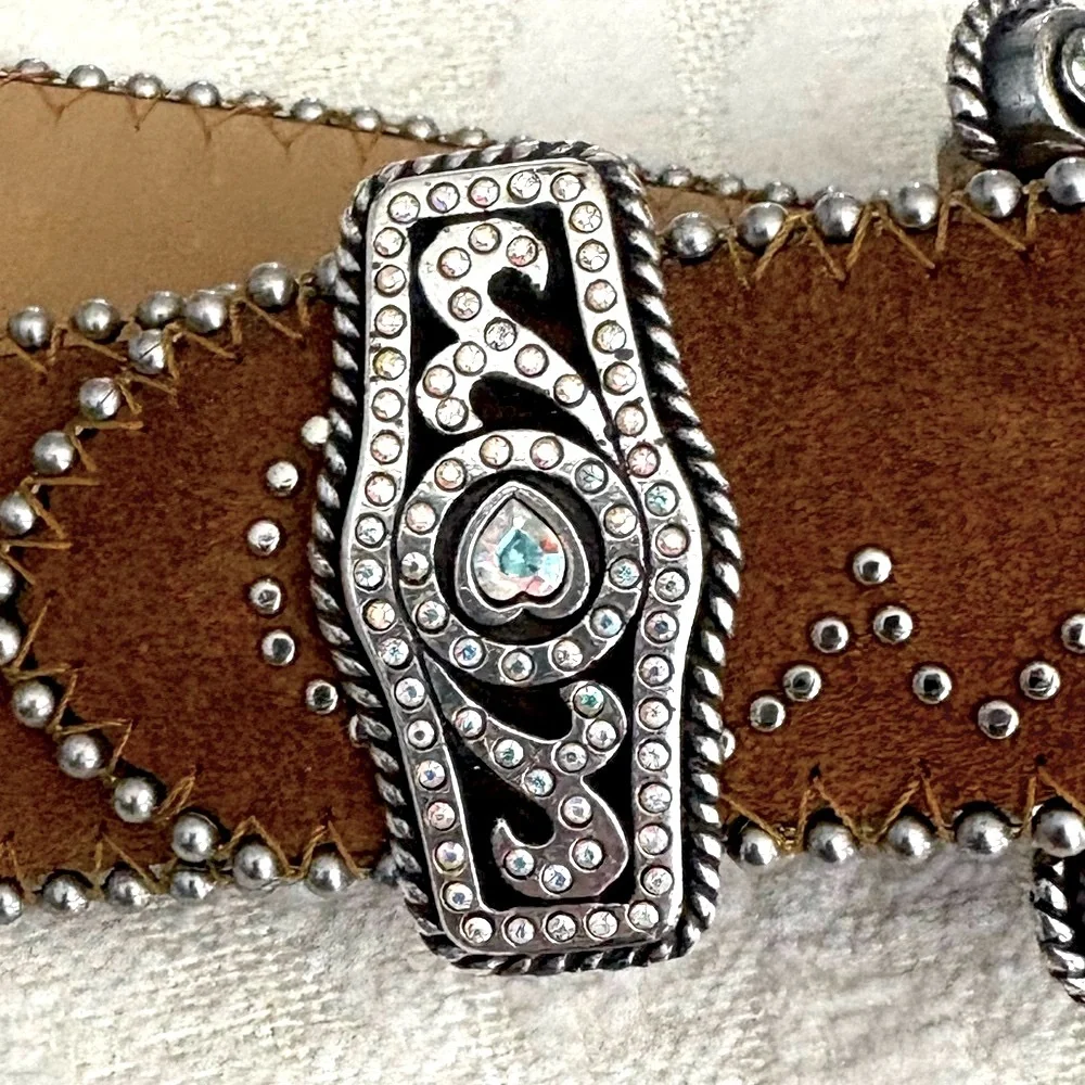 Tony Lama Brown Suede Belt 34 Crystal Heart Buckle Studded Western Cowgirl Y2K